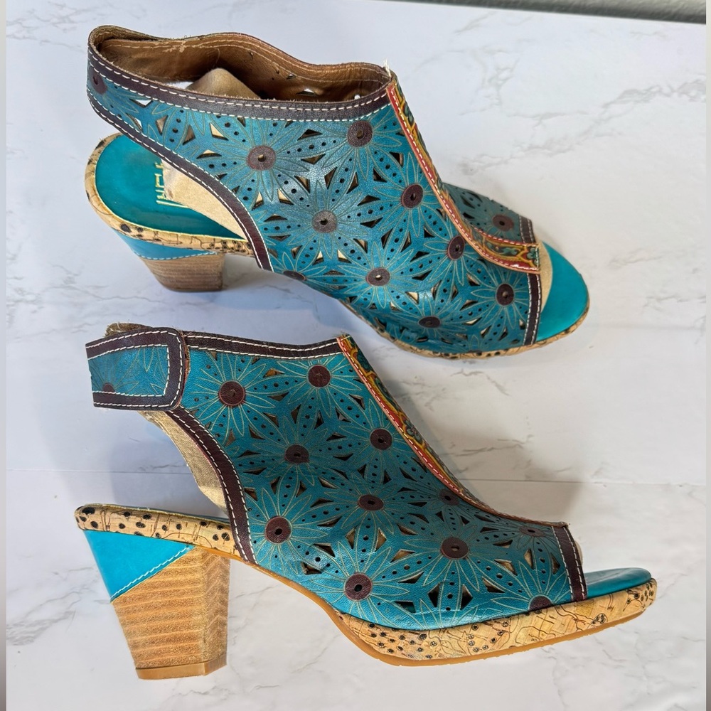 L’Artiste by Spring Step Marjani‑Tour Laser‑Cut Leather Slingback Sandal US 8